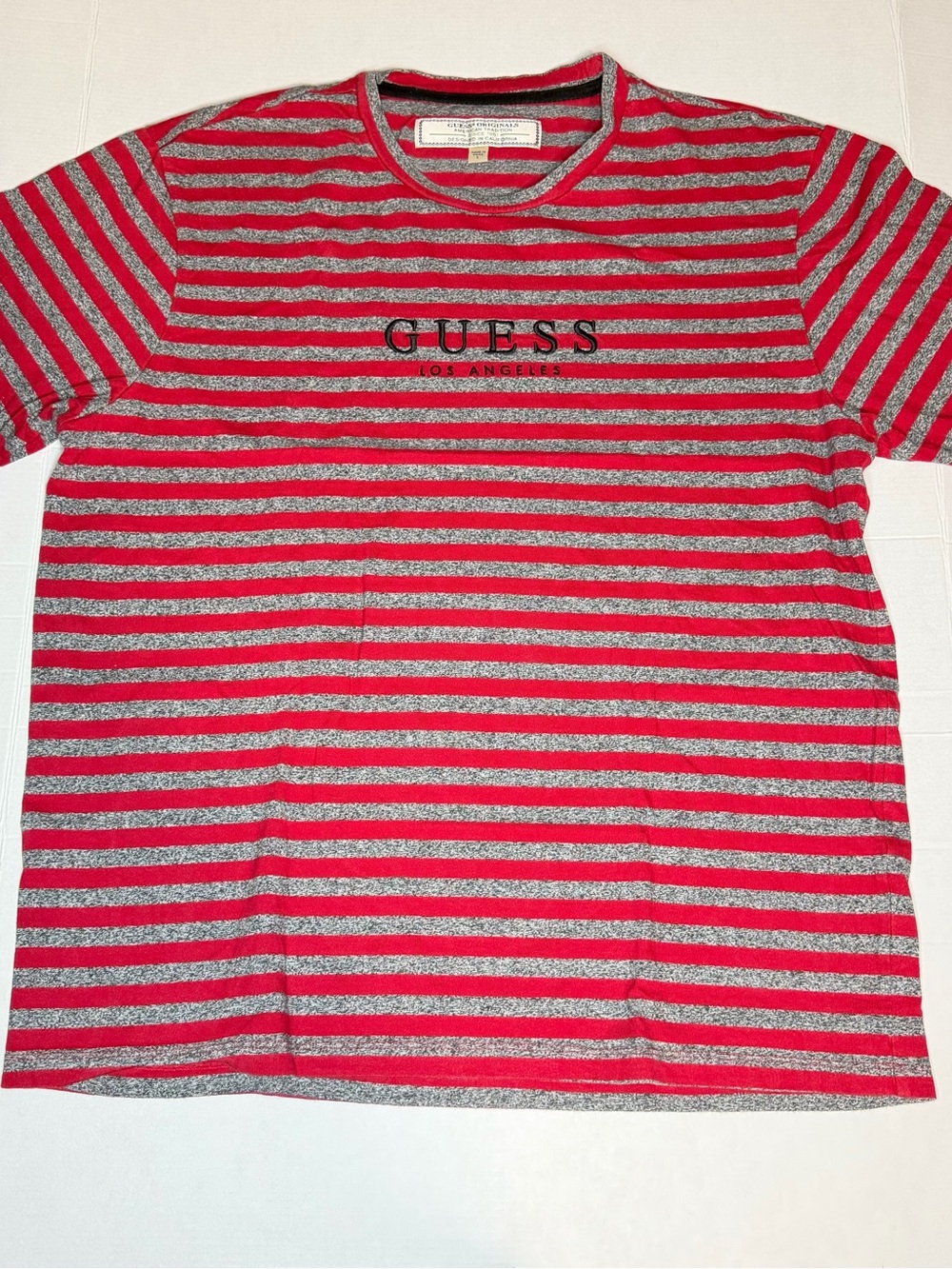 GUESS Red and Gray Striped Logo Crewneck Tee